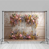 Aperturee - Aperturee Rustic Floral Wall Photography Backdrop Vintage Wood Panels with Colorful Flowers Shabby Chic Wedding Prop